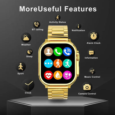 Golden Smart Watch – 2.02" Full Touch, Wireless Charging, IP67 Waterproof